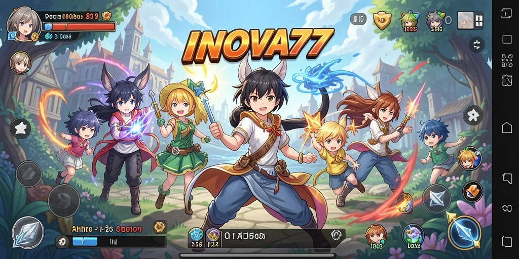 Tampilan gameplay INOVA77 dengan karakter-karakter anime yang menarik.