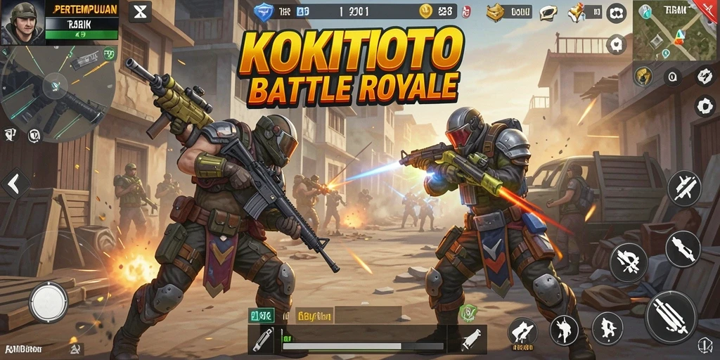 Screenshot gameplay <strong>KOKITOTO</strong> menunjukkan aksi mendebarkan dalam pertempuran Battle Royale.