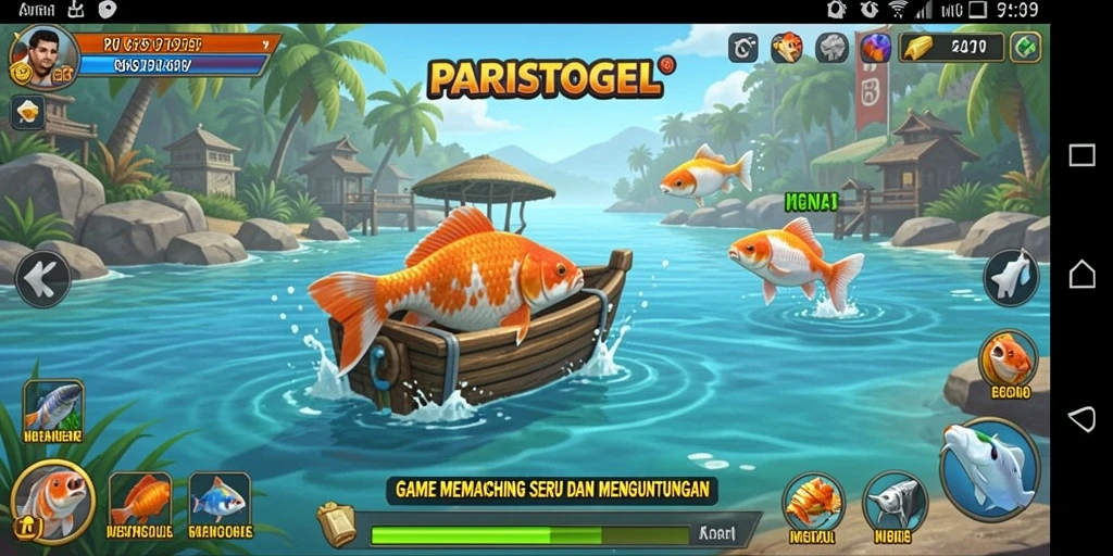 Screenshot PARISTOGEL menampilkan pengalaman memancing yang seru.