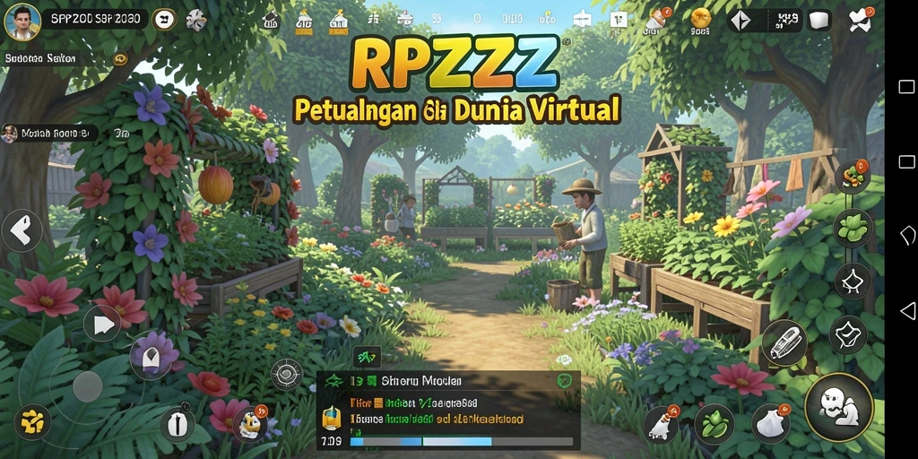 Screenshot gameplay RPZZZ menunjukkan pengalaman berkebun yang seru dan interaktif.