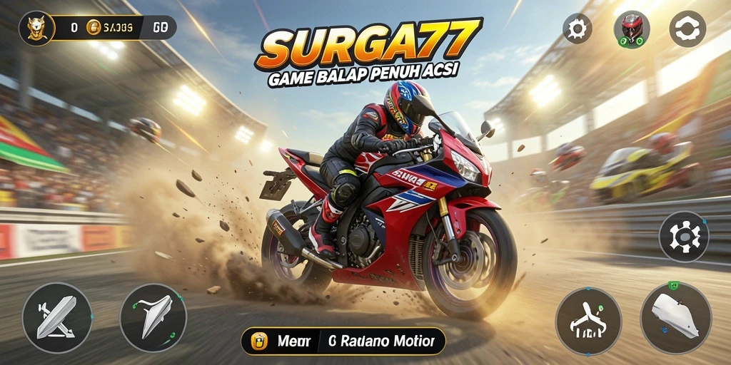 Tampilan aksi seru dalam SURGA77 dengan motor balap yang mengesankan.